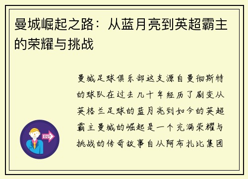 曼城崛起之路：从蓝月亮到英超霸主的荣耀与挑战