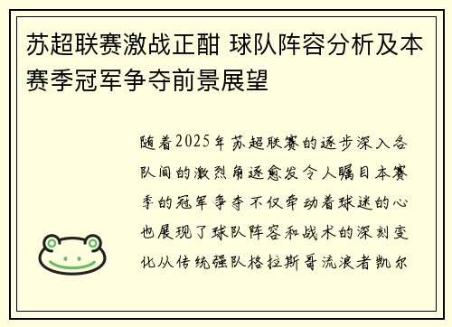 苏超联赛激战正酣 球队阵容分析及本赛季冠军争夺前景展望