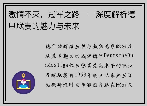 激情不灭，冠军之路——深度解析德甲联赛的魅力与未来