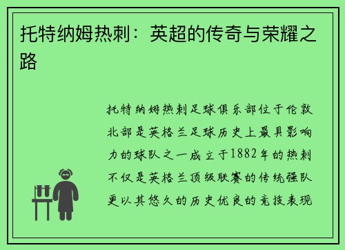 托特纳姆热刺：英超的传奇与荣耀之路