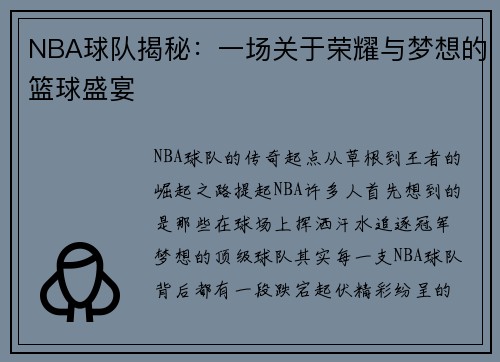 NBA球队揭秘：一场关于荣耀与梦想的篮球盛宴