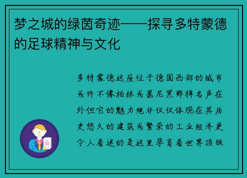 梦之城的绿茵奇迹——探寻多特蒙德的足球精神与文化